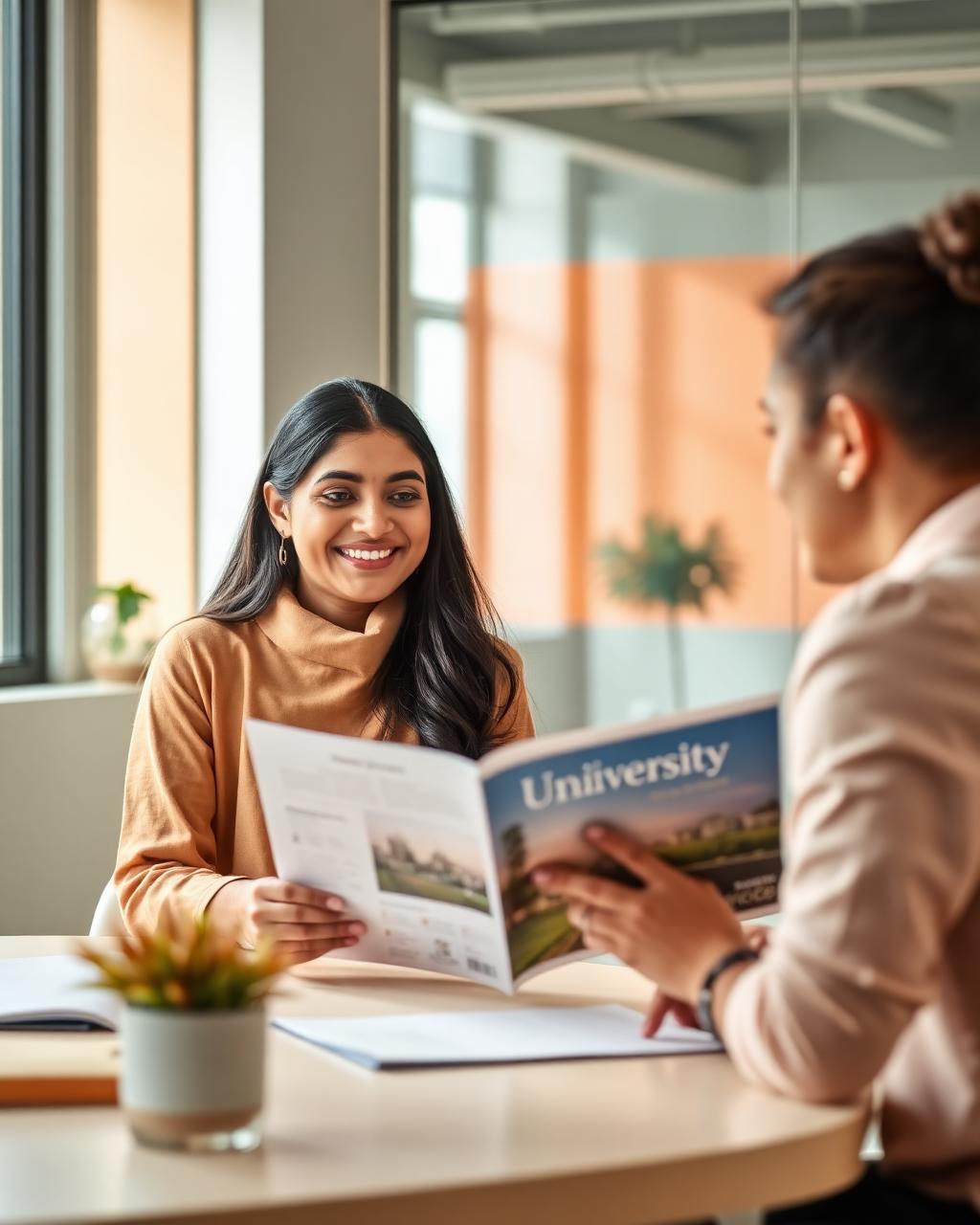 AREC counsellor guiding a student through university options in the Dhaka office